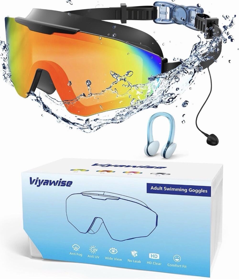 Viyawise Adult Swimming Goggles Mirrored Wide View Anti-Fog UV Leakproof + Clip